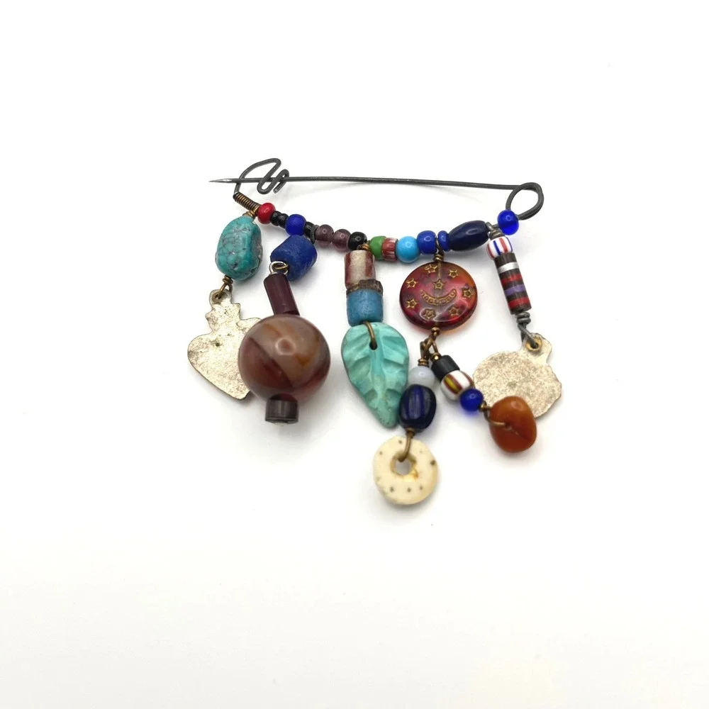 Vintage Fetish Brooch Mixed Media Charm Safety‎ Pin Glass Bead Celestial Heart